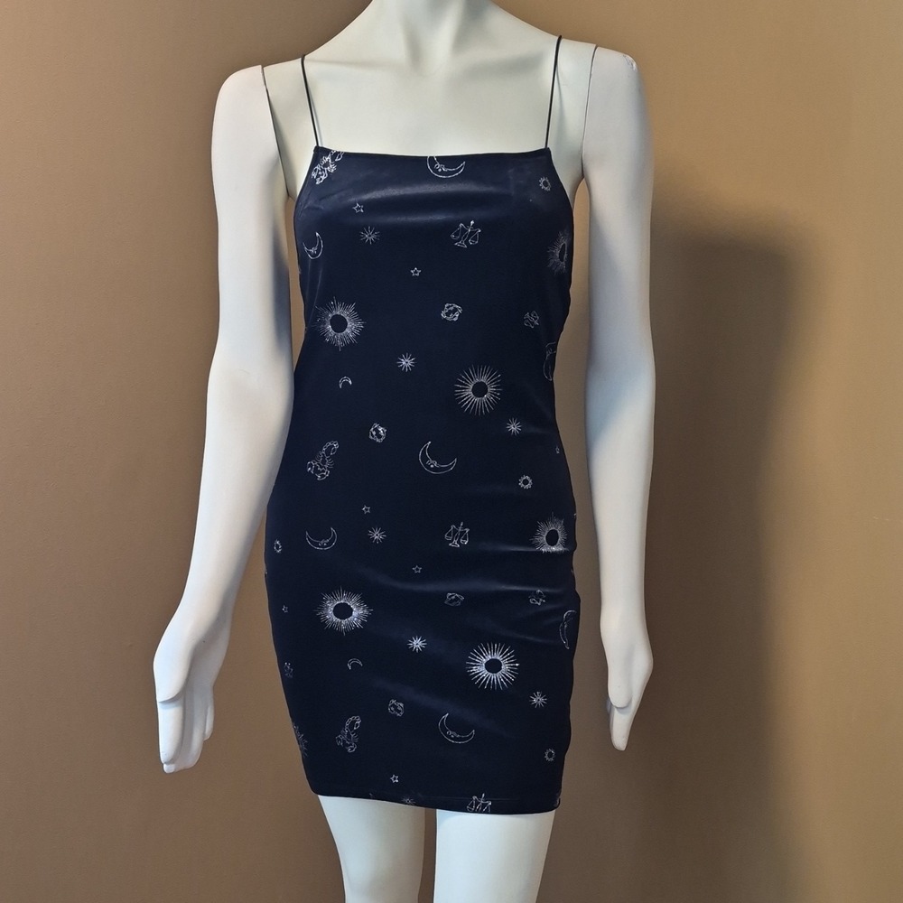 H&M Divided Black Velvet Celestial Zodiac Mini Dress Low Back Sun Moon Stars M
